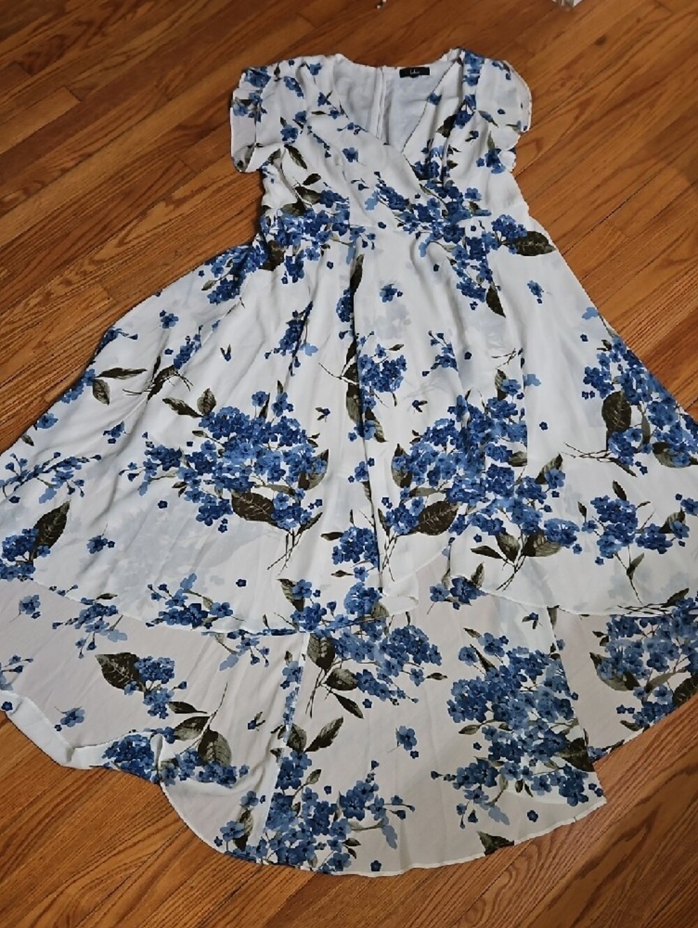 Lulu's White & Blue Floral Wrap Hi-Low Dress - Picture 3 of 10